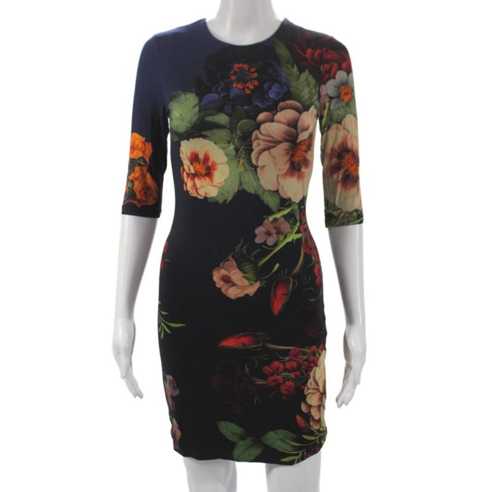 Alice + Olivia Womens Bodycon Floral Blue Dress 3/4 Sleeve Round Neck Size 0